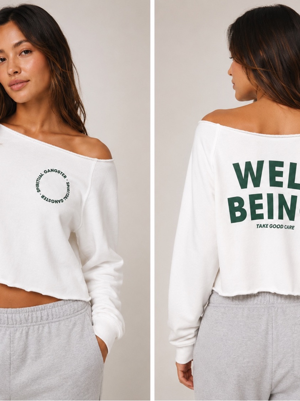 Spiritual Gangster White Cropped Off-Shoulder 'WELL BEING' Graphic Sweatshirt